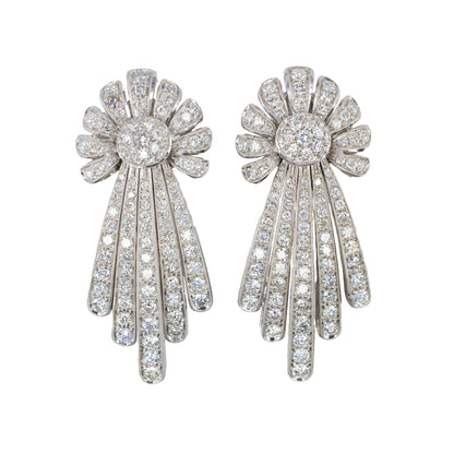 White Gold Vintage Diamond Spray Motif Drop Earrings