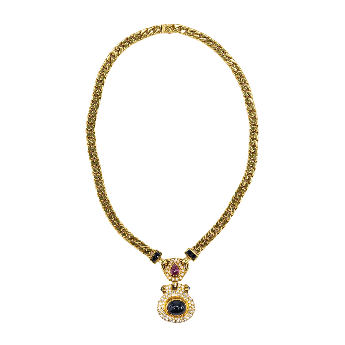 Yellow Gold Heavy Curb Chain Necklace with Ruby, Diamond, and Onyx Pendant