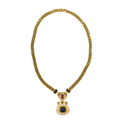 Yellow Gold Heavy Curb Chain Necklace with Ruby, Diamond, and Onyx Pendant