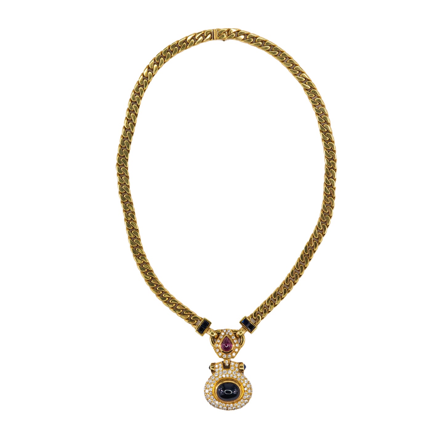 Yellow Gold Heavy Curb Chain Necklace with Ruby, Diamond, and Onyx Pendant