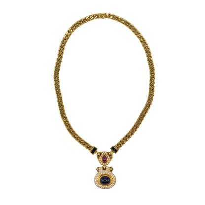 Yellow Gold Heavy Curb Chain Necklace with Ruby, Diamond, and Onyx Pendant