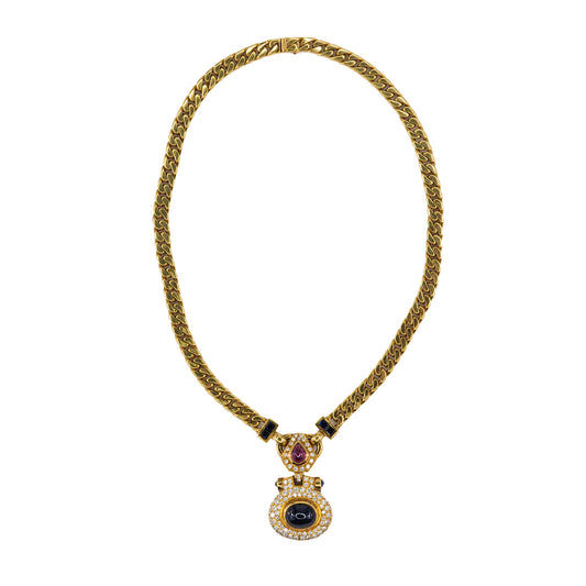 Yellow Gold Heavy Curb Chain Necklace with Ruby, Diamond, and Onyx Pendant