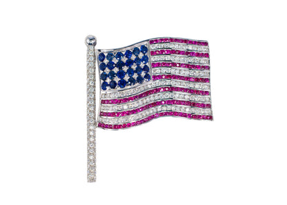 White Gold Gem-Set American Flag Brooch