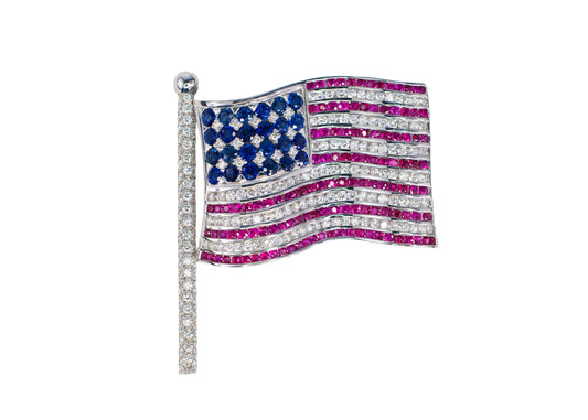 White Gold Gem-Set American Flag Brooch