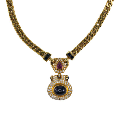 Yellow Gold Heavy Curb Chain Necklace with Ruby, Diamond, and Onyx Pendant