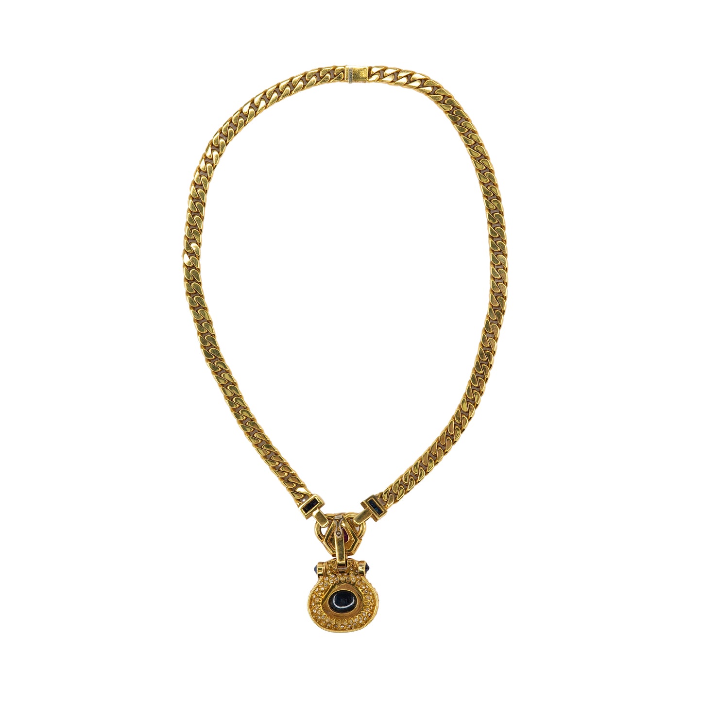 Yellow Gold Heavy Curb Chain Necklace with Ruby, Diamond, and Onyx Pendant