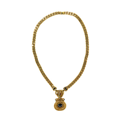 Yellow Gold Heavy Curb Chain Necklace with Ruby, Diamond, and Onyx Pendant