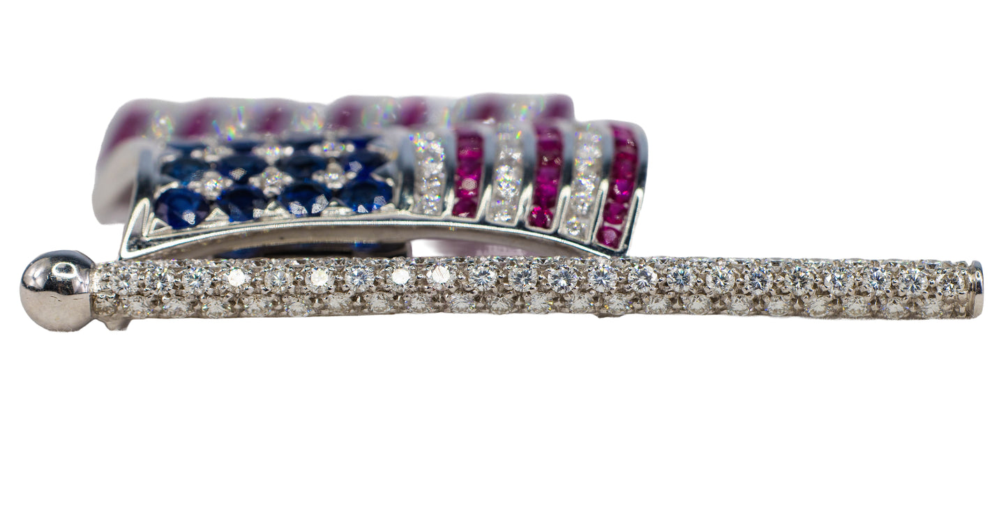 White Gold Gem-Set American Flag Brooch