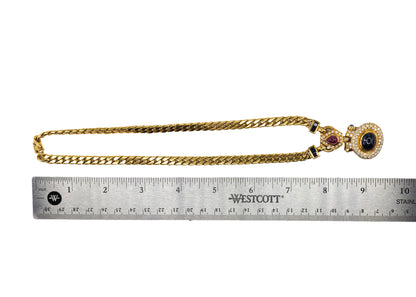 Yellow Gold Heavy Curb Chain Necklace with Ruby, Diamond, and Onyx Pendant