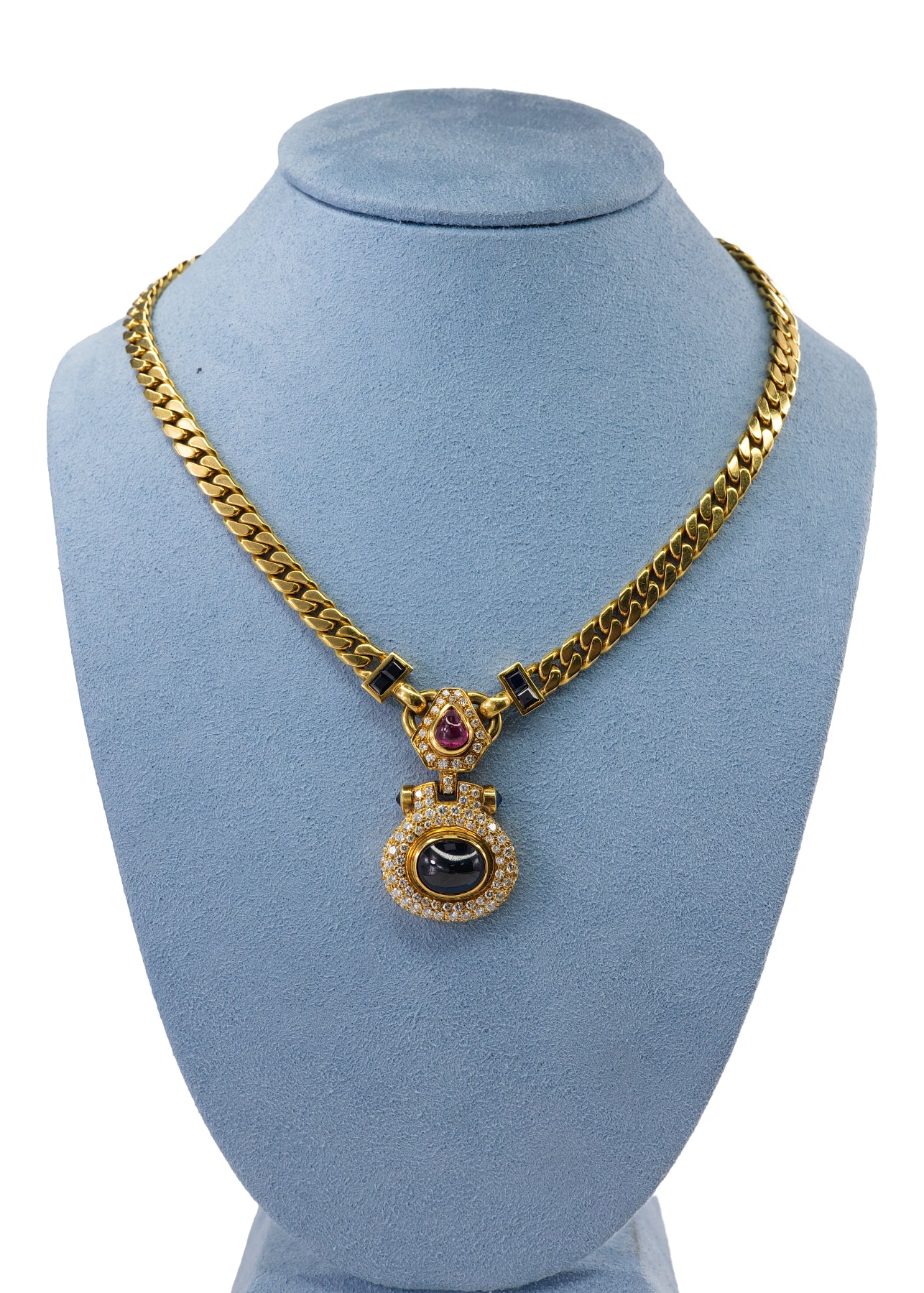 Yellow Gold Heavy Curb Chain Necklace with Ruby, Diamond, and Onyx Pendant