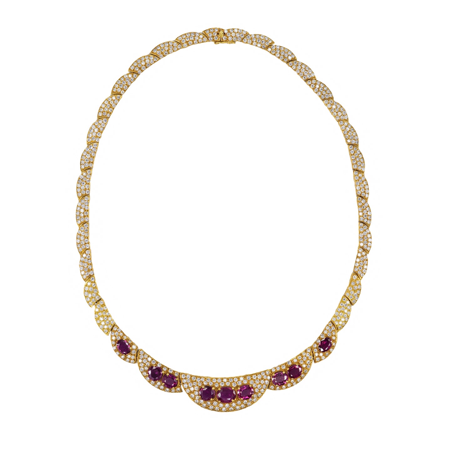 Yellow Gold Ruby and Diamond Pavé Crescent Statement Necklace