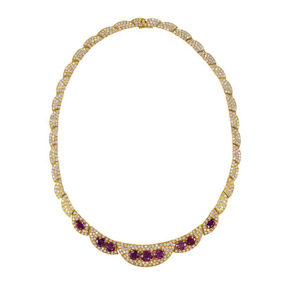 Yellow Gold Ruby and Diamond Pavé Crescent Statement Necklace