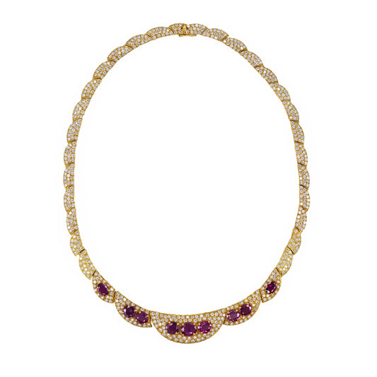Yellow Gold Ruby and Diamond Pavé Crescent Statement Necklace