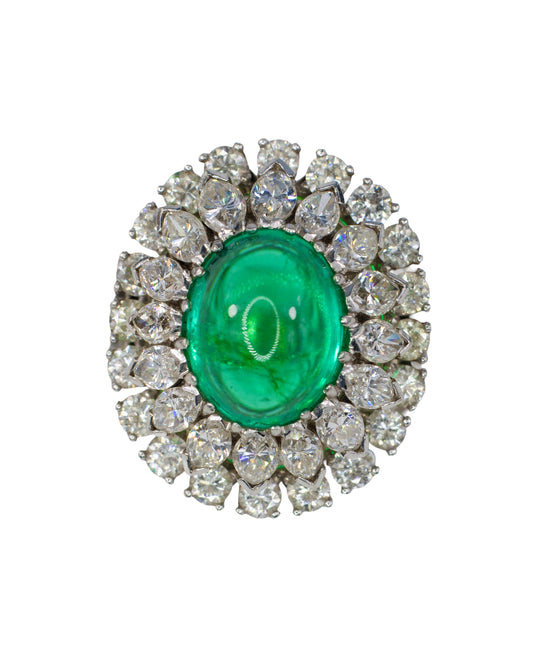 Cabochon Emerald and Diamond Double Halo Cocktail Ring