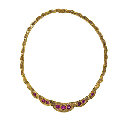 Yellow Gold Ruby and Diamond Pavé Crescent Statement Necklace