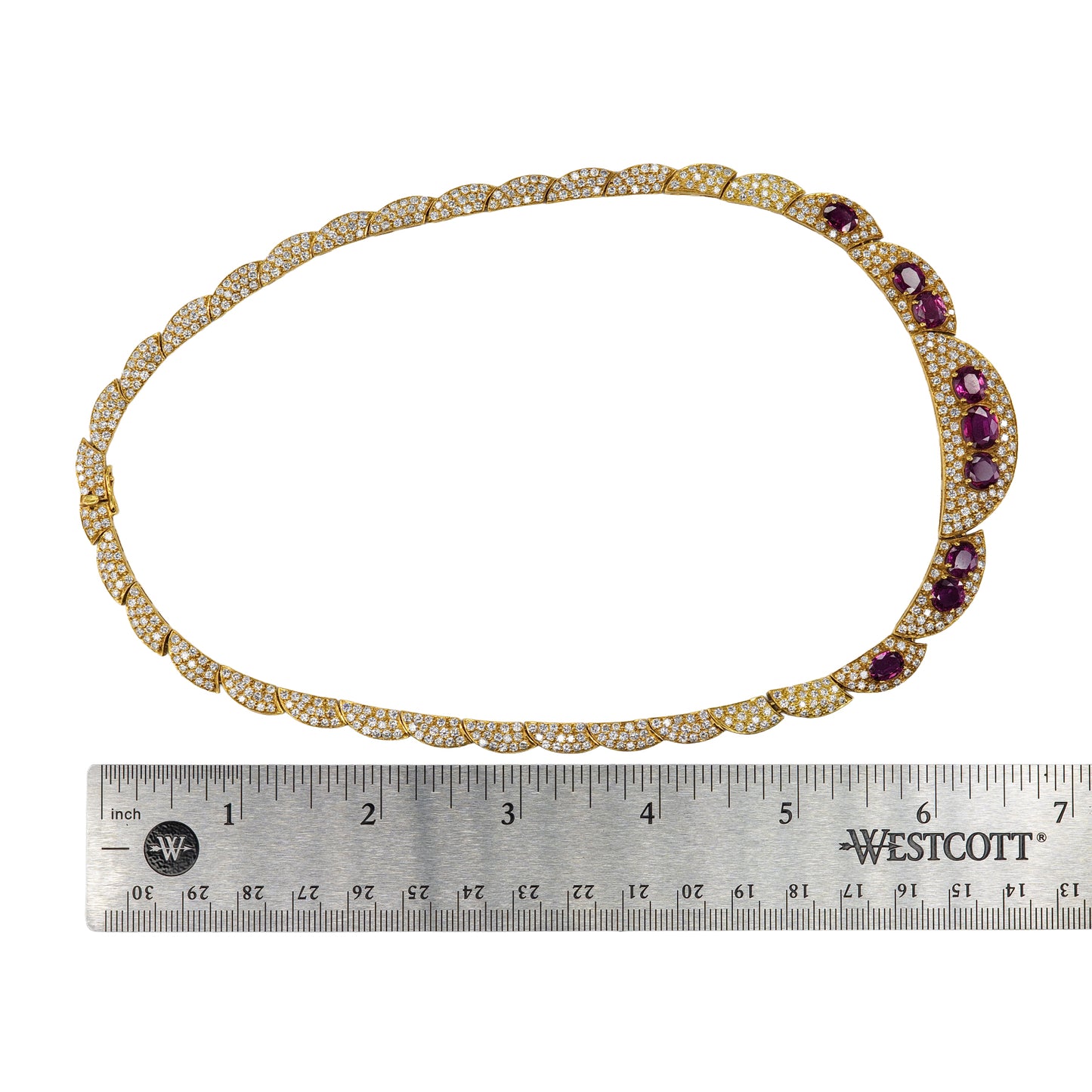 Yellow Gold Ruby and Diamond Pavé Crescent Statement Necklace