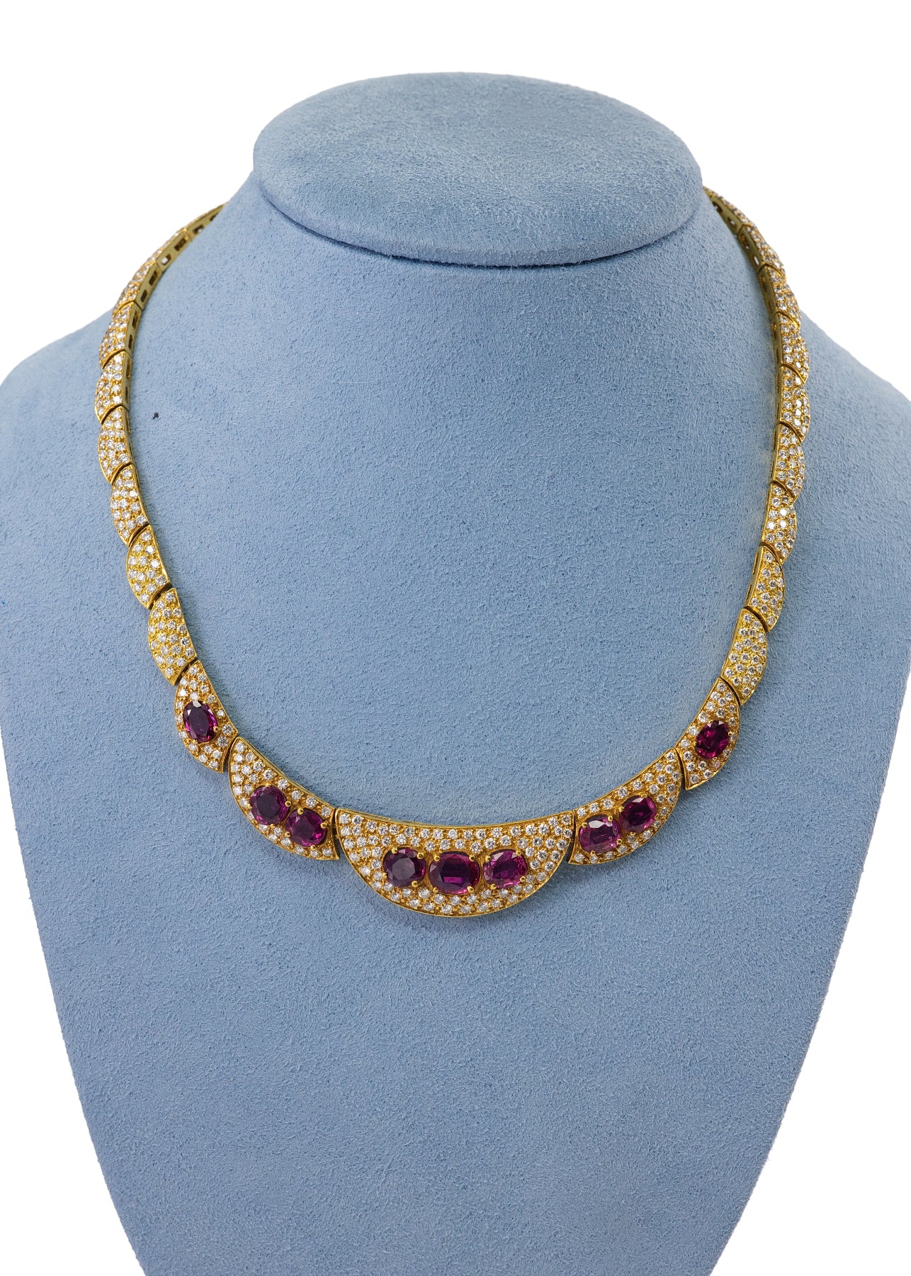 Yellow Gold Ruby and Diamond Pavé Crescent Statement Necklace