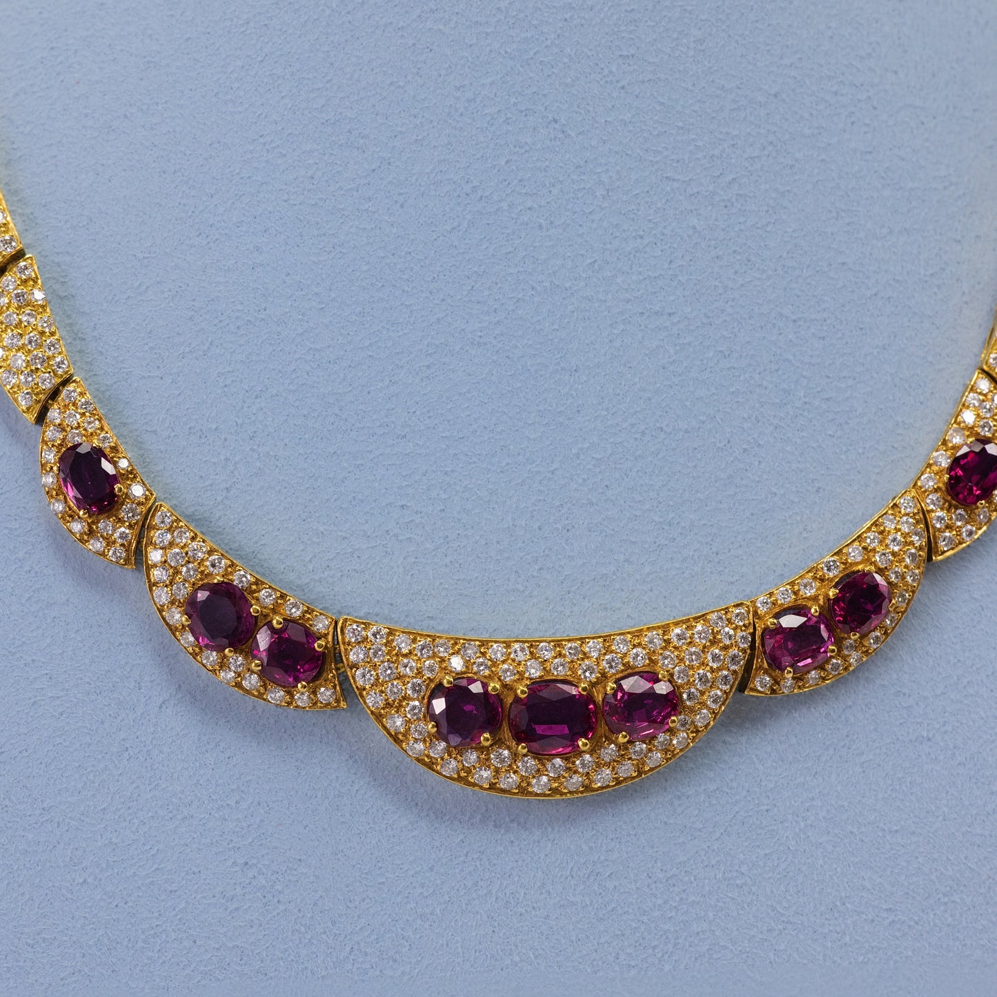 Yellow Gold Ruby and Diamond Pavé Crescent Statement Necklace