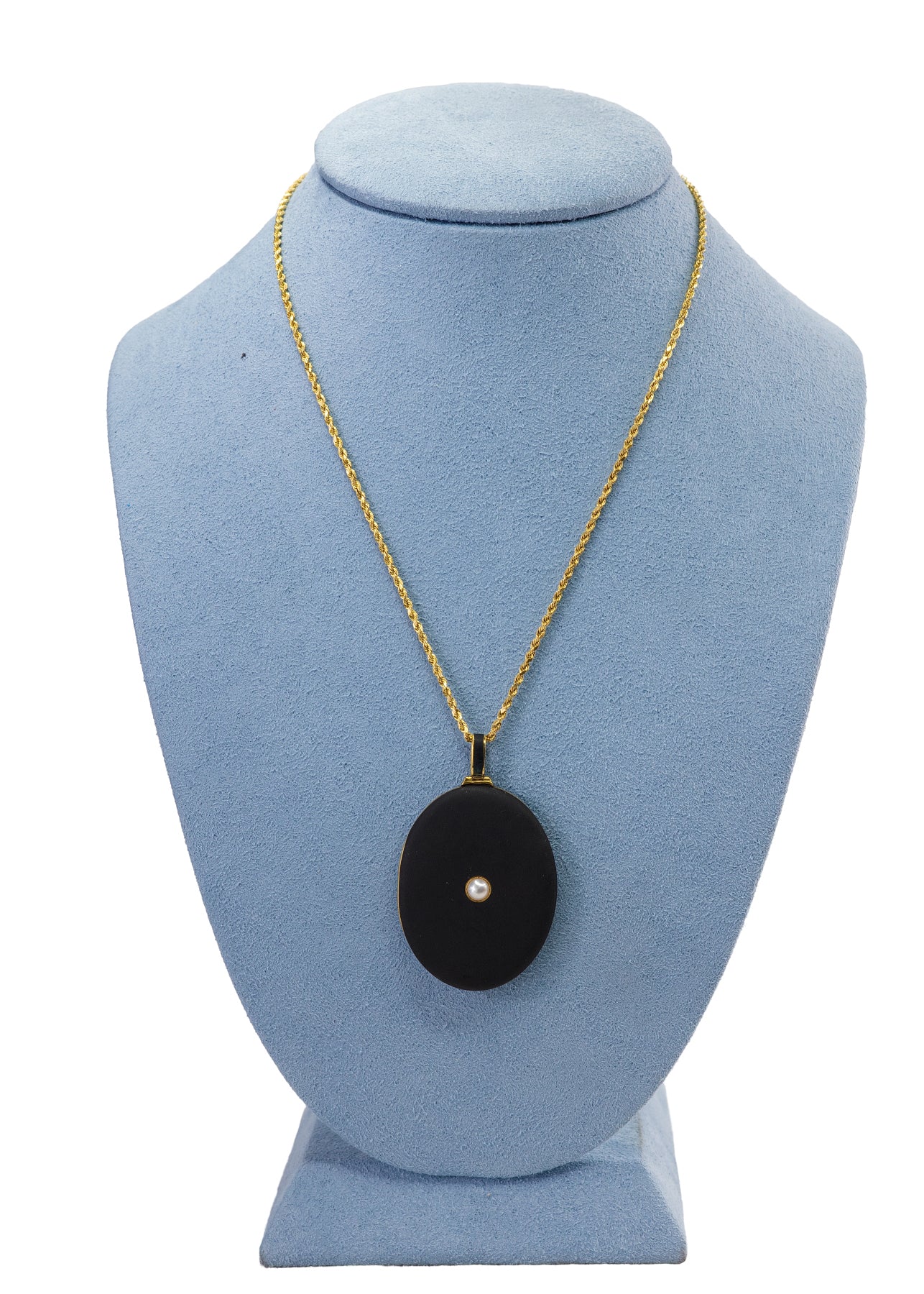 Yellow Gold, Black Onyx, and Seed Pearl Oval Locket Necklace