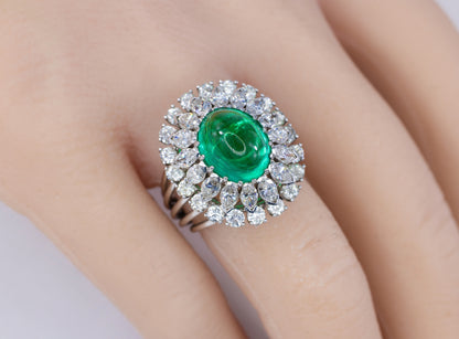 Cabochon Emerald and Diamond Double Halo Cocktail Ring