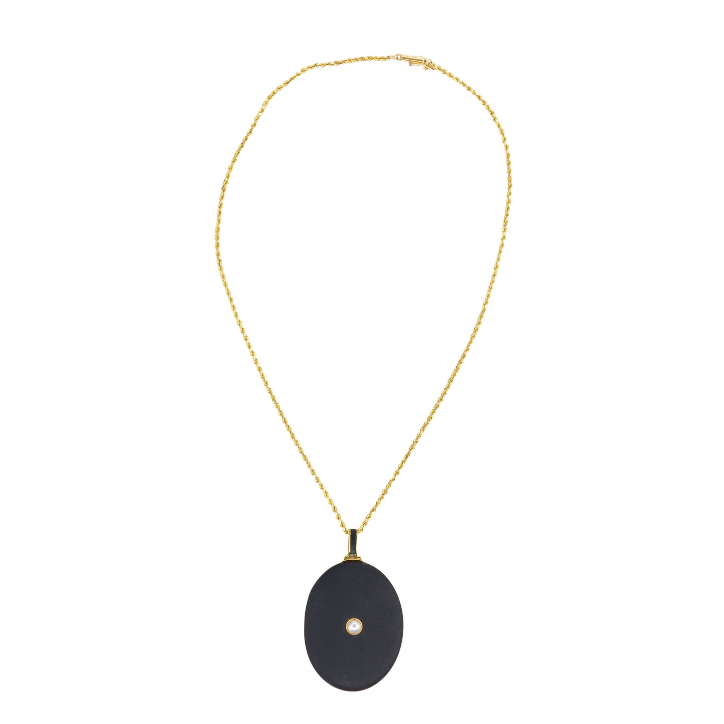 Yellow Gold, Black Onyx, and Seed Pearl Oval Locket Necklace