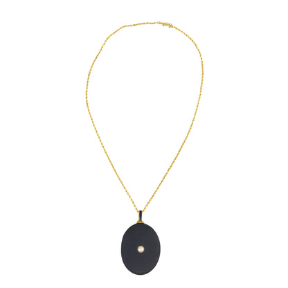Yellow Gold, Black Onyx, and Seed Pearl Oval Locket Necklace