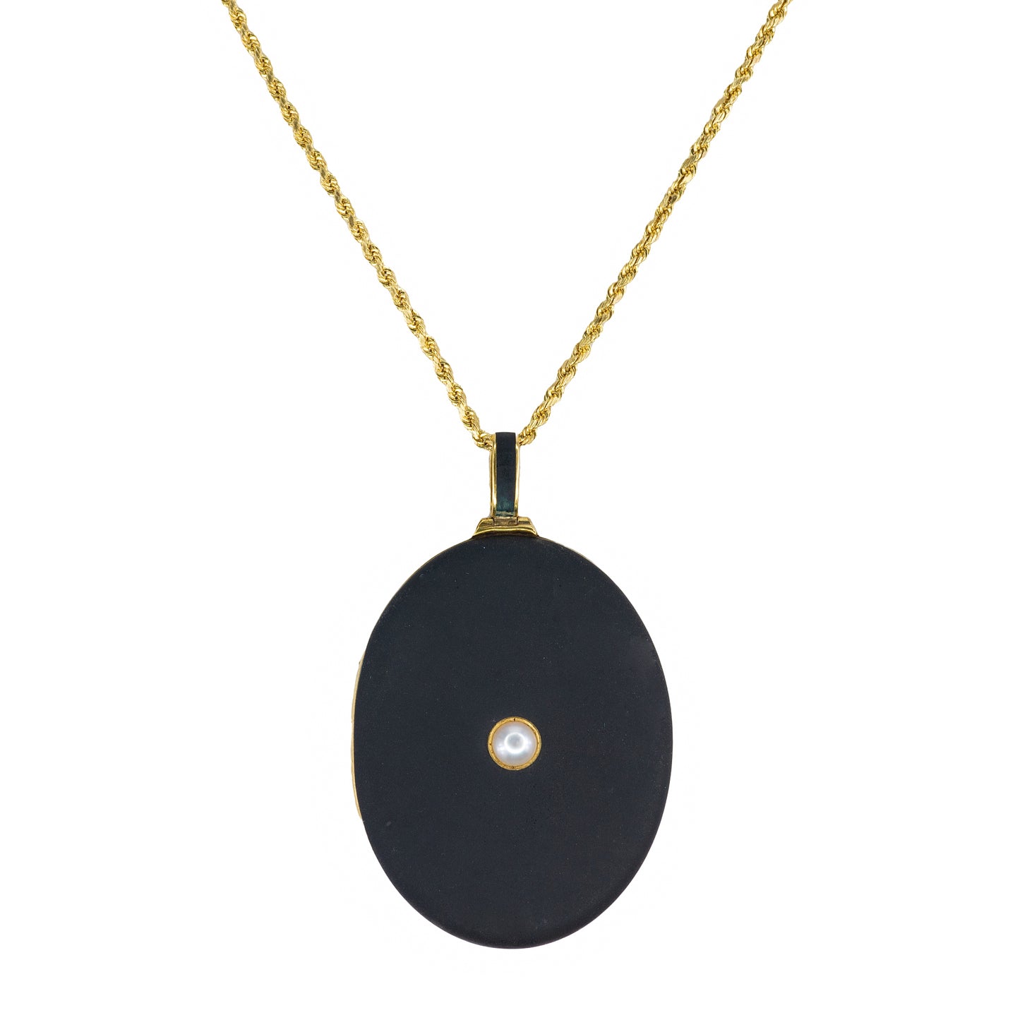 Yellow Gold, Black Onyx, and Seed Pearl Oval Locket Necklace