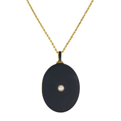 Yellow Gold, Black Onyx, and Seed Pearl Oval Locket Necklace