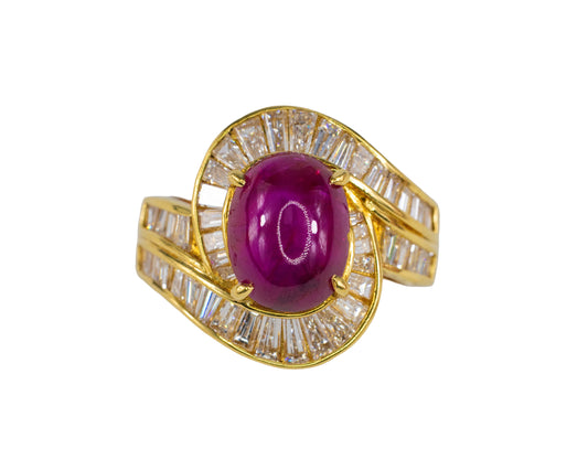 Cabochon Ruby and Tapered Baguette Diamond Ballerina Bypass Ring