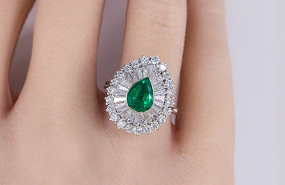 Pear-Shaped Emerald and Tapered Baguette Diamond Ballerina Ring