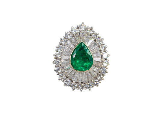 Pear-Shaped Emerald and Tapered Baguette Diamond Ballerina Ring