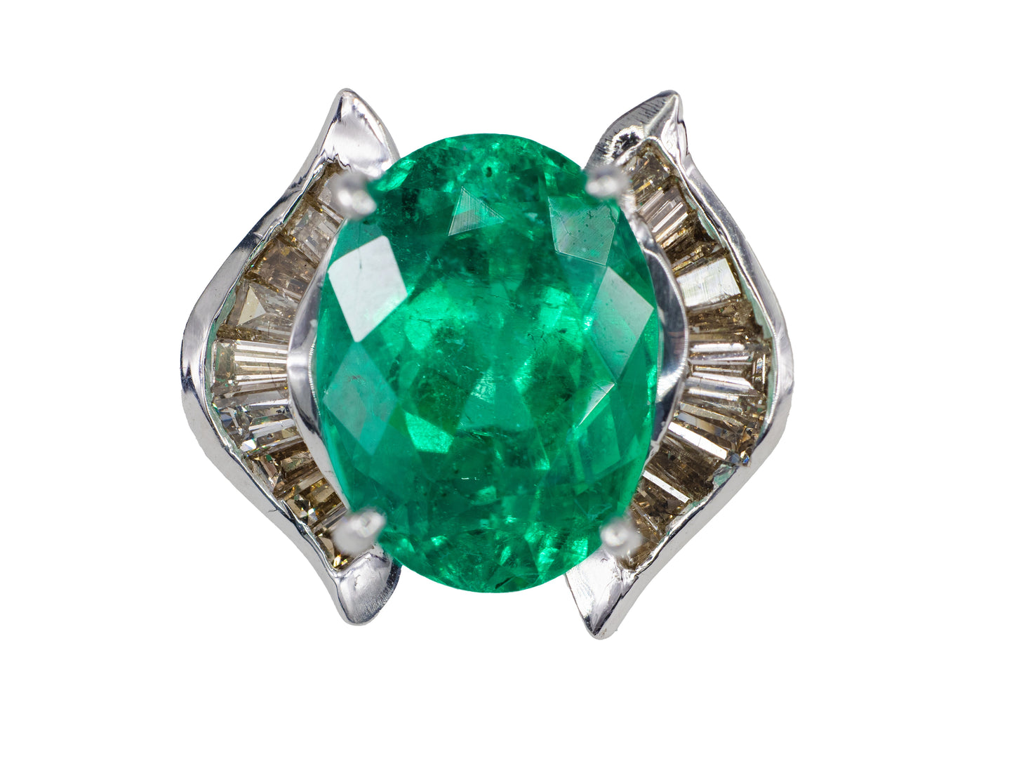 Oval Emerald and Baguette Diamond Horseshoe Bypass Ring