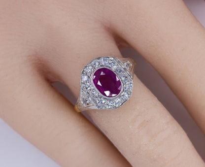 Art Deco Ruby and Diamond Octagonal Halo Ring