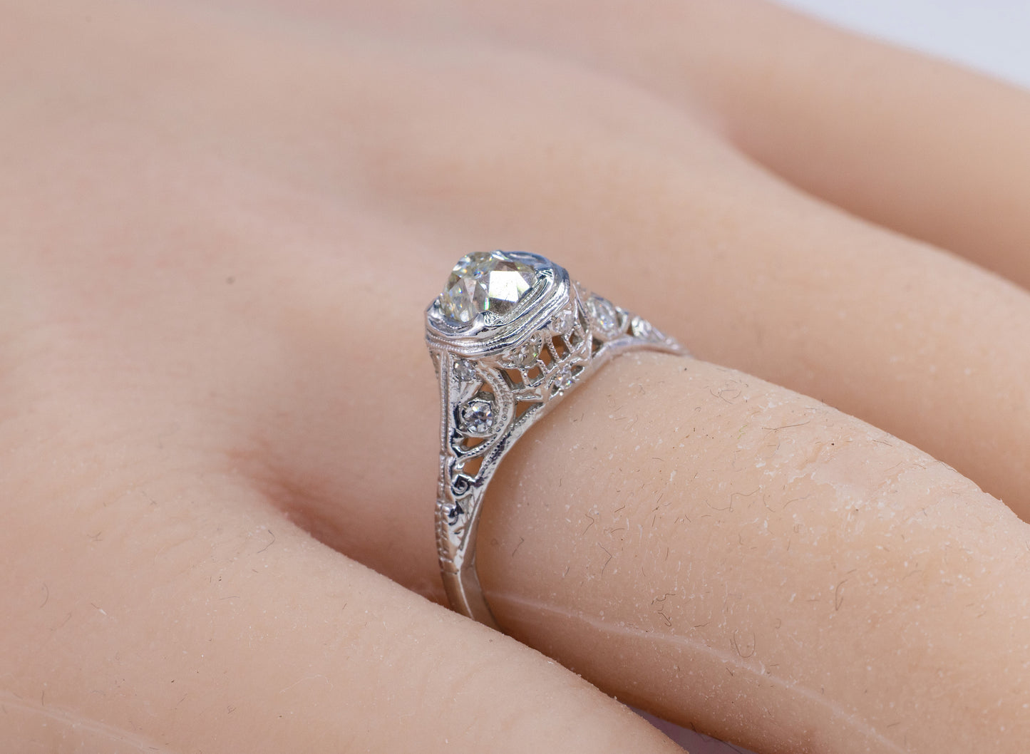 Antique Platinum Old Mine Cut Diamond Filigree Ring
