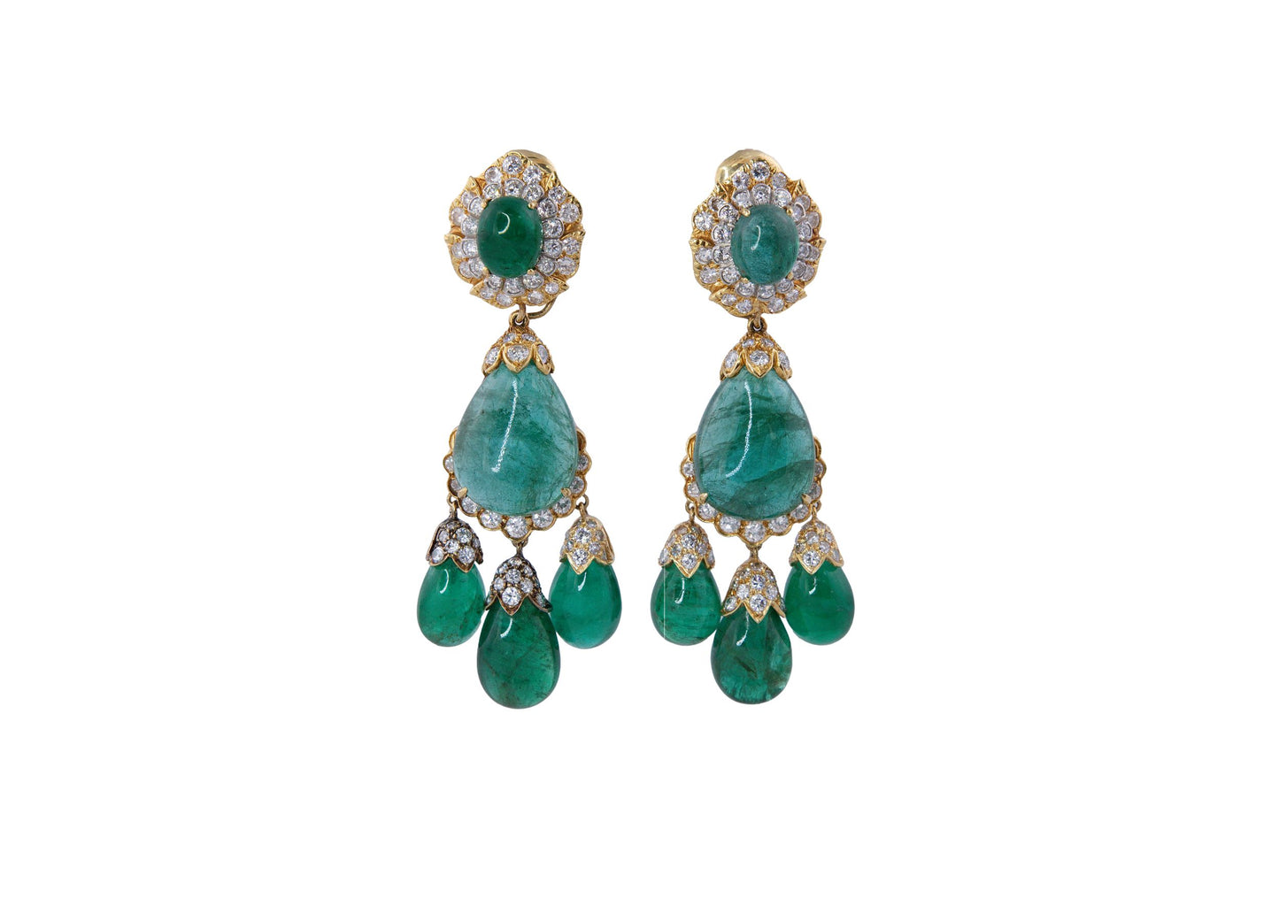 David Webb Pair of Emerald and Diamond Pendent Ear Clips