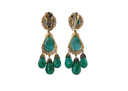 David Webb Pair of Emerald and Diamond Pendent Ear Clips