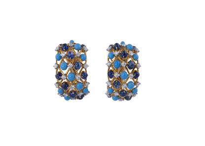 Verdura Turquoise, Cabochon Sapphire and Diamond Hoop Earrings