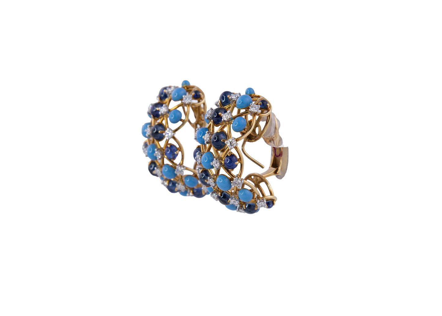 Verdura Turquoise, Cabochon Sapphire and Diamond Hoop Earrings