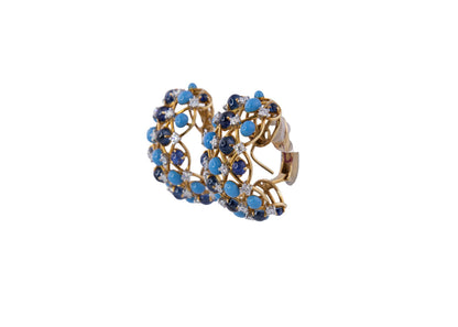 Verdura Turquoise, Cabochon Sapphire and Diamond Hoop Earrings