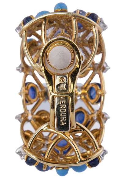 Verdura Turquoise, Cabochon Sapphire and Diamond Hoop Earrings