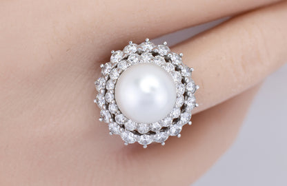 Large South Sea Pearl and Diamond Double Halo Ring