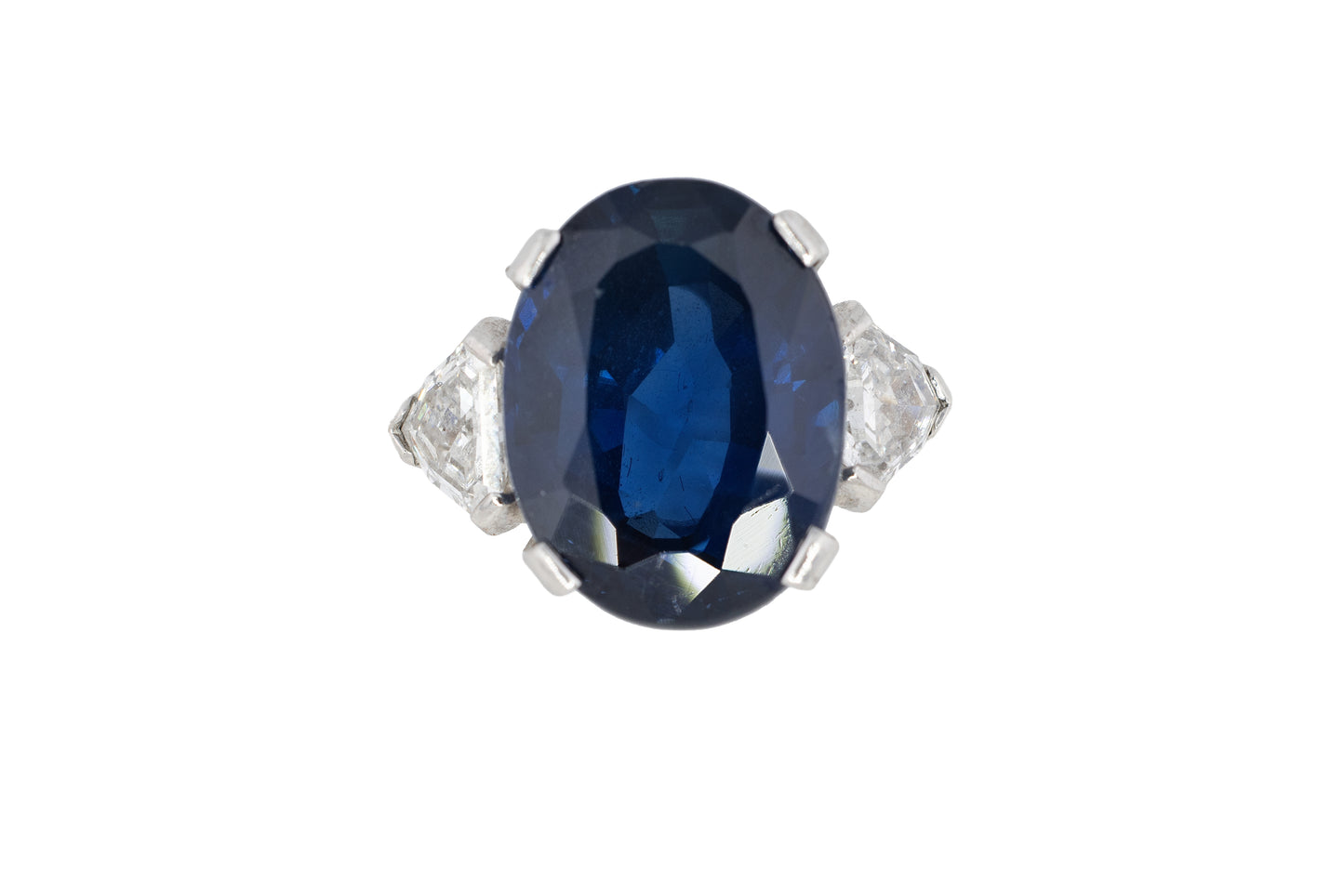 Oval Sapphire and Trillion Diamond Three Stone Platinum Ring