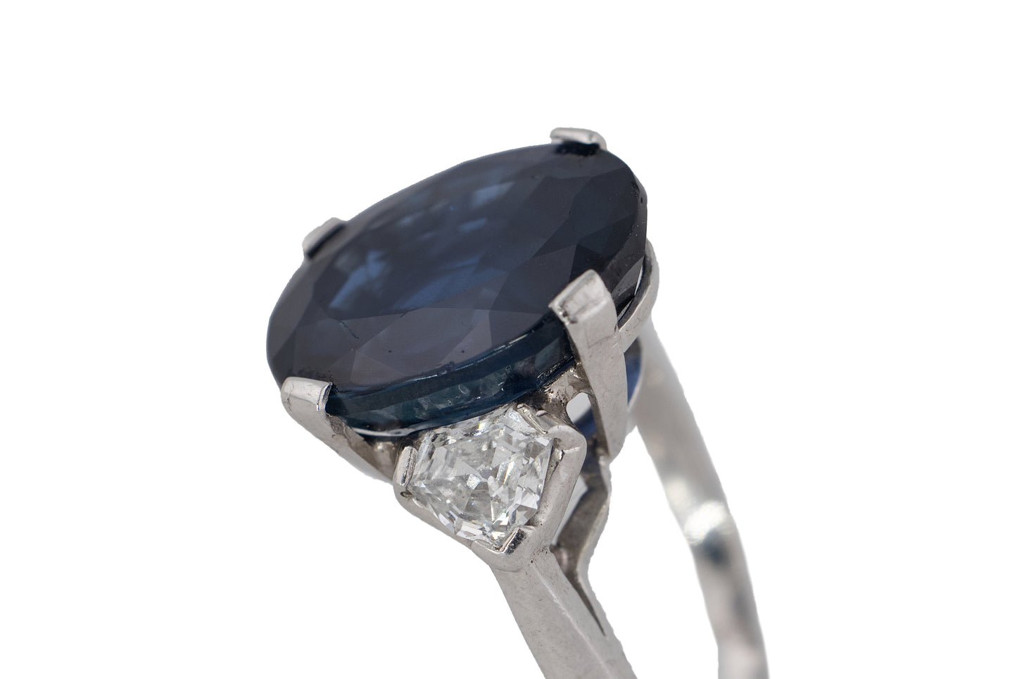 Oval Sapphire and Trillion Diamond Three Stone Platinum Ring