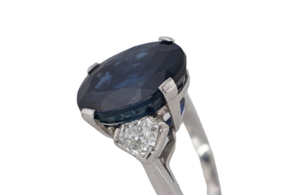 Oval Sapphire and Trillion Diamond Three Stone Platinum Ring
