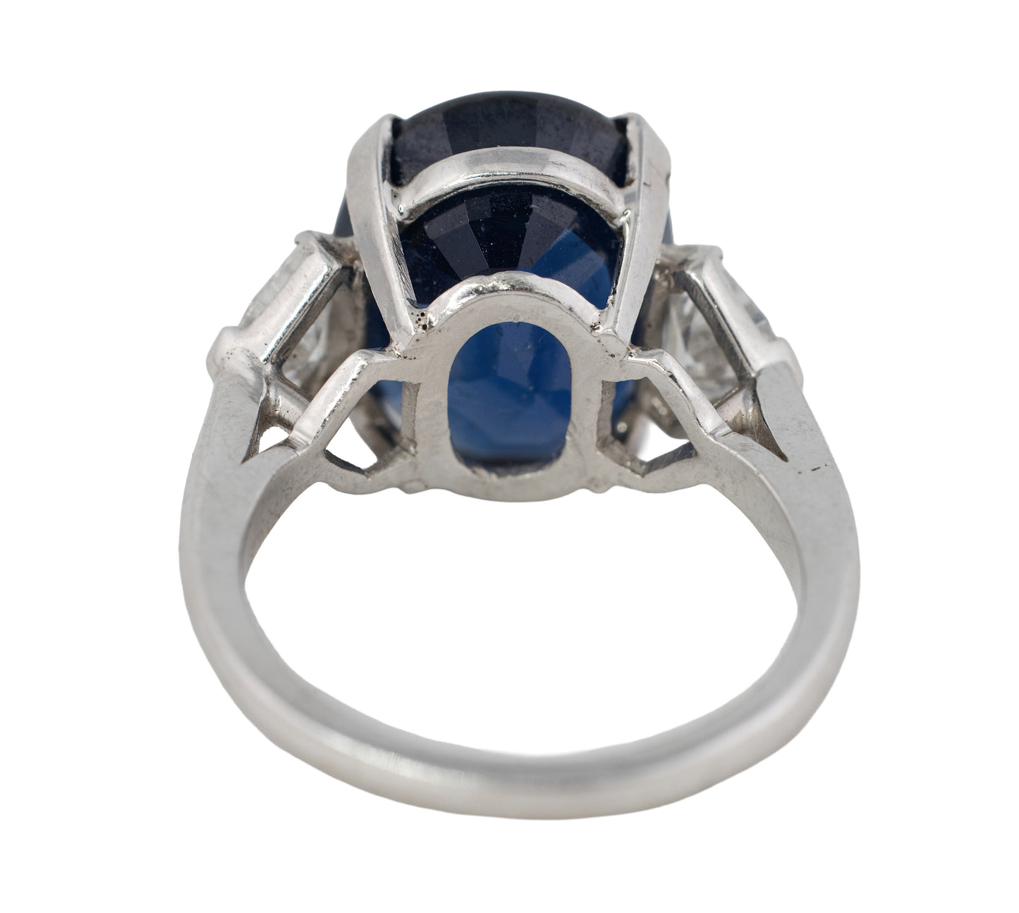 Oval Sapphire and Trillion Diamond Three Stone Platinum Ring