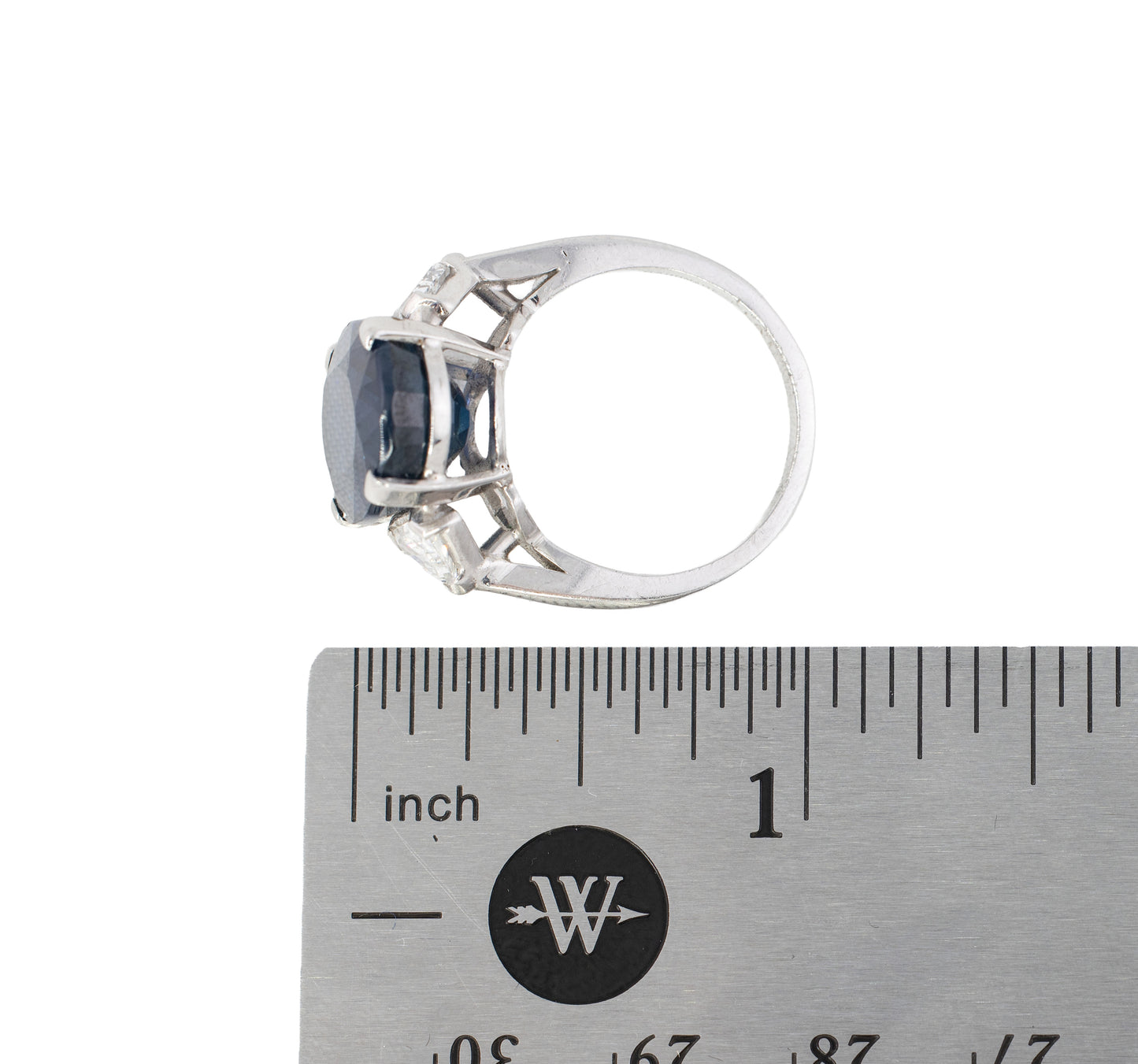 Oval Sapphire and Trillion Diamond Three Stone Platinum Ring