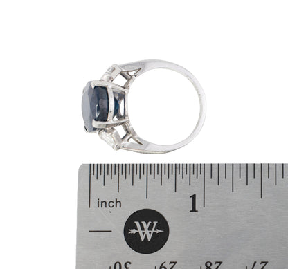 Oval Sapphire and Trillion Diamond Three Stone Platinum Ring