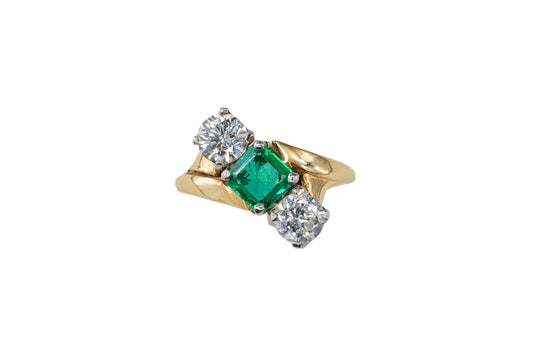 Yellow Gold and Platinum Square-Cut Emerald and Diamond Three-Stone Bypass Ring