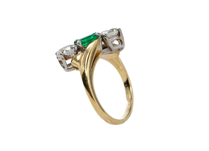 Yellow Gold and Platinum Square-Cut Emerald and Diamond Three-Stone Bypass Ring