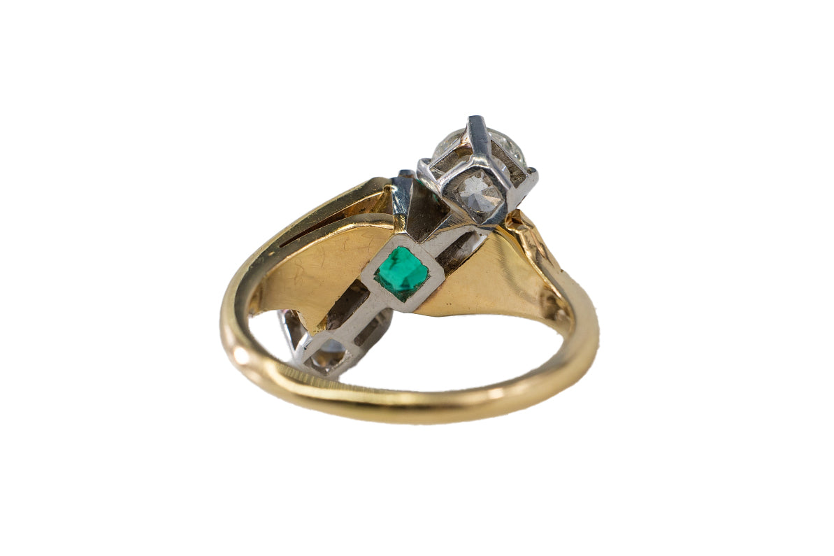 Yellow Gold and Platinum Square-Cut Emerald and Diamond Three-Stone Bypass Ring
